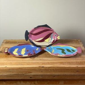 Rising Sun Pottery Studio Set Of 3 Modern Pop Art Fish Plates Platters Handmade